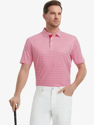 MAELREG Men's Performance Jersey Print Polo in Red Lobster – front half-body with golf pose