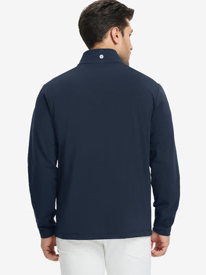 Back view of lightweight casual fleece jacket with 5 pockets, model in navy, relaxed fit