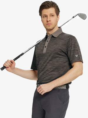 Half-body front shot with golf club in DARK BROWN HEATHER Cool Heather Texture Polo