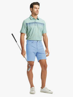 LIGHT BLUE 4-way Stretch Performance Solid Shorts, golfer full-body front with club, 7 Inch length