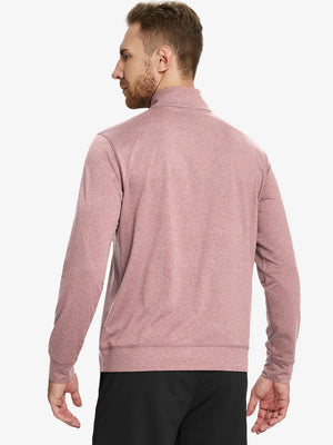 Back half-body view of model in PINK HEATHER Quarter Zip Melange Pullover highlighting smooth fit.