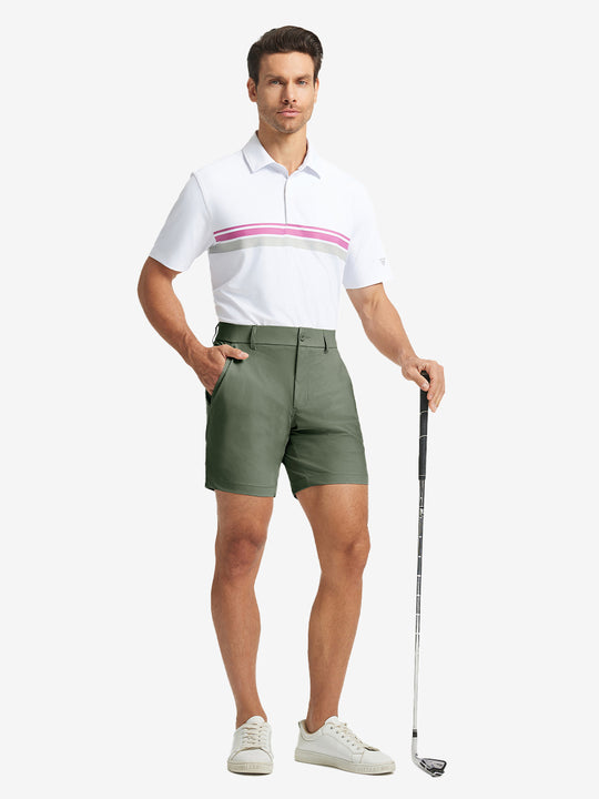 Full-body shot of model holding golf club, styled with Olive Green Quick Dry Casual Shorts.