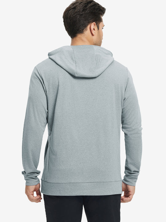 Back upper body view of the lunar rock melange classic heather hoodie, model turns head slightly with ease.