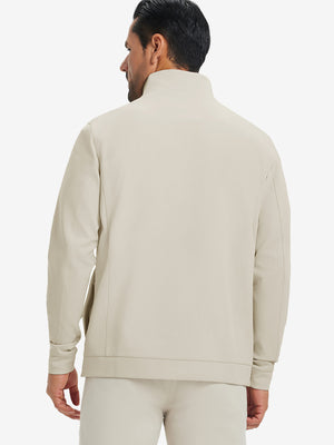 Back upper-body view of water-resistant zip up golf jacket on model, shown in light khaki.