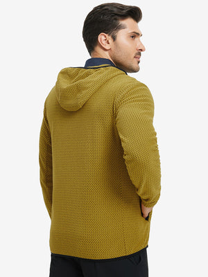 Back upper view of model in full zip fleece hoodied jacket, showing fit and seams in yellow.