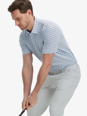 Model wearing Navy Blue Stripe Performance Stripe Golf Shirt – front half-body pose