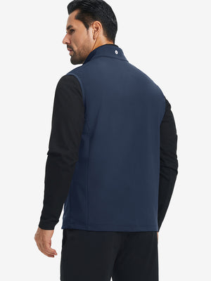 Back view of water-resistant fleece golf vests showing smooth fleece texture in navy