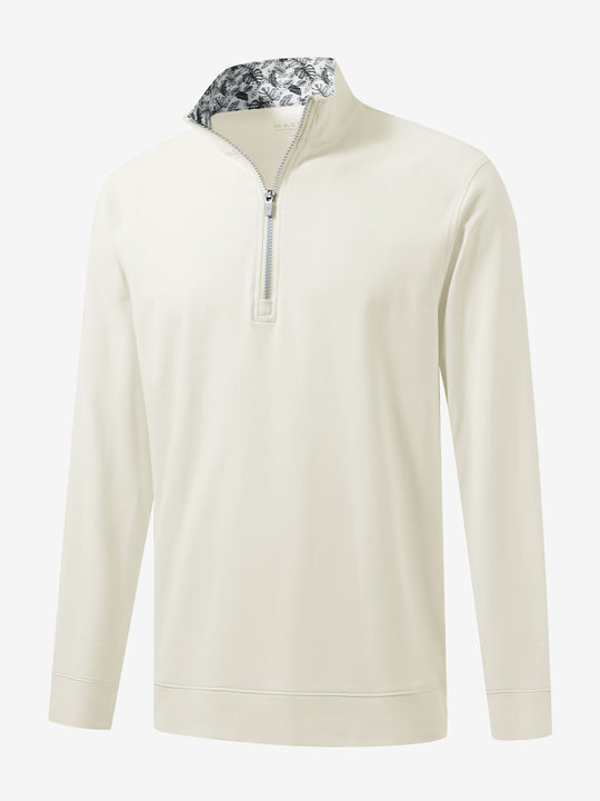 3D front view of the lightweight golf quarter zip pullover in cream, clean and athletic design.