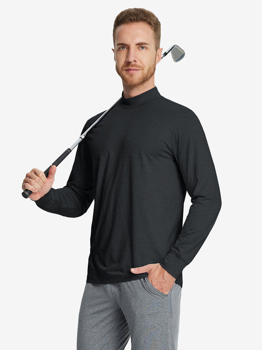 Model holding a golf club while wearing the Black Long Sleeve Mock Turtleneck Shirt.