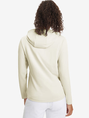 Back upper view of model in women's lightweight hoodies pullover, showing relaxed fit in cream.