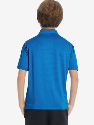 Back half-body view of youth wearing cobalt stripe performance cooling polo, showing rear design