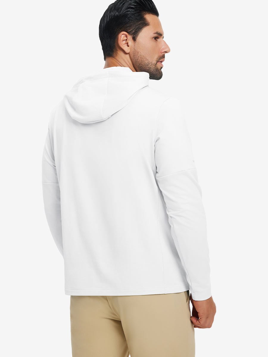 Back upper view of model wearing casual solid fleece hoodies pullover in white, showing smooth seams.