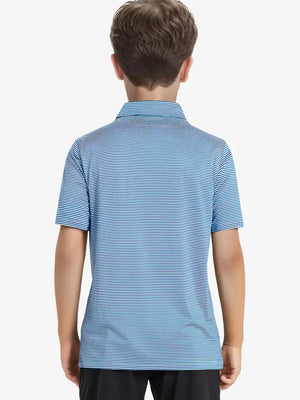 Back view of Youth Cooling Polo – half-body model in Aqua Stripe