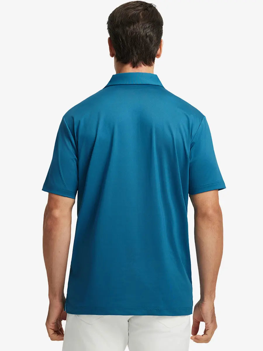 Back half-body view of DUSTY BLUE Chest Print Polo Shirts