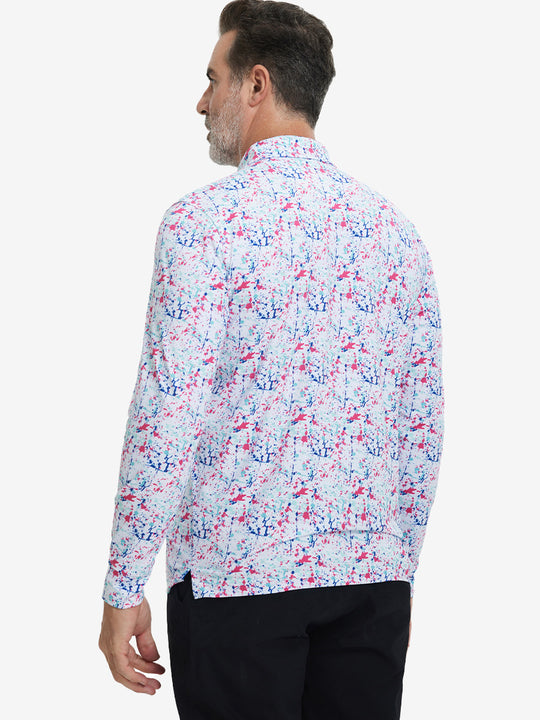 Back upper body view of the lightweight print polo in white painting, model turns slightly with relaxed pose.