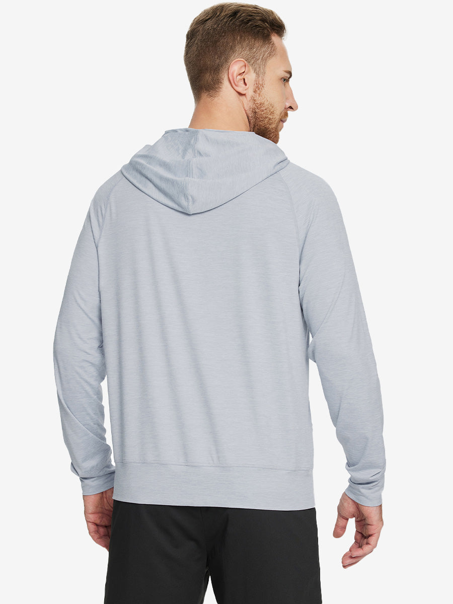 Back angle of the Faded Denim Heather Quarter Zip Hoodie, model turns head slightly for a relaxed look.