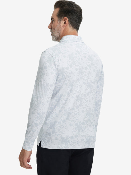 Back upper body view of the lightweight print polo in gray ink splash, model turns slightly with relaxed pose.