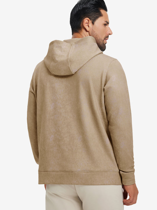 Back upper look of the exclusive print kangaroo hoodies in khaki brown, showing fit and shoulder line.