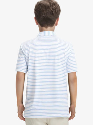 Back half-body view of model wearing WHITE/LIGHT BLUE STRIPE Youth Performance Golf Polo.