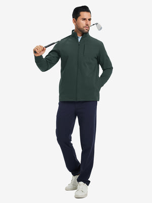 Model holding a golf club, wearing dark green water-resistant zip up golf jacket in full-body view.
