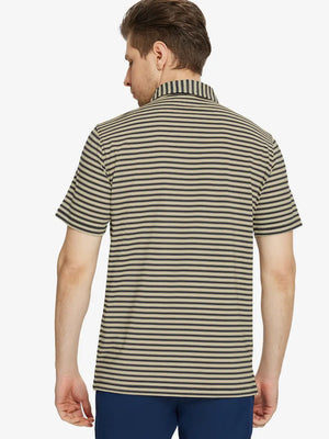 Back half-body view showing the neat stripe alignment of the Black Khaki Yarn Dyed Stripe Polo