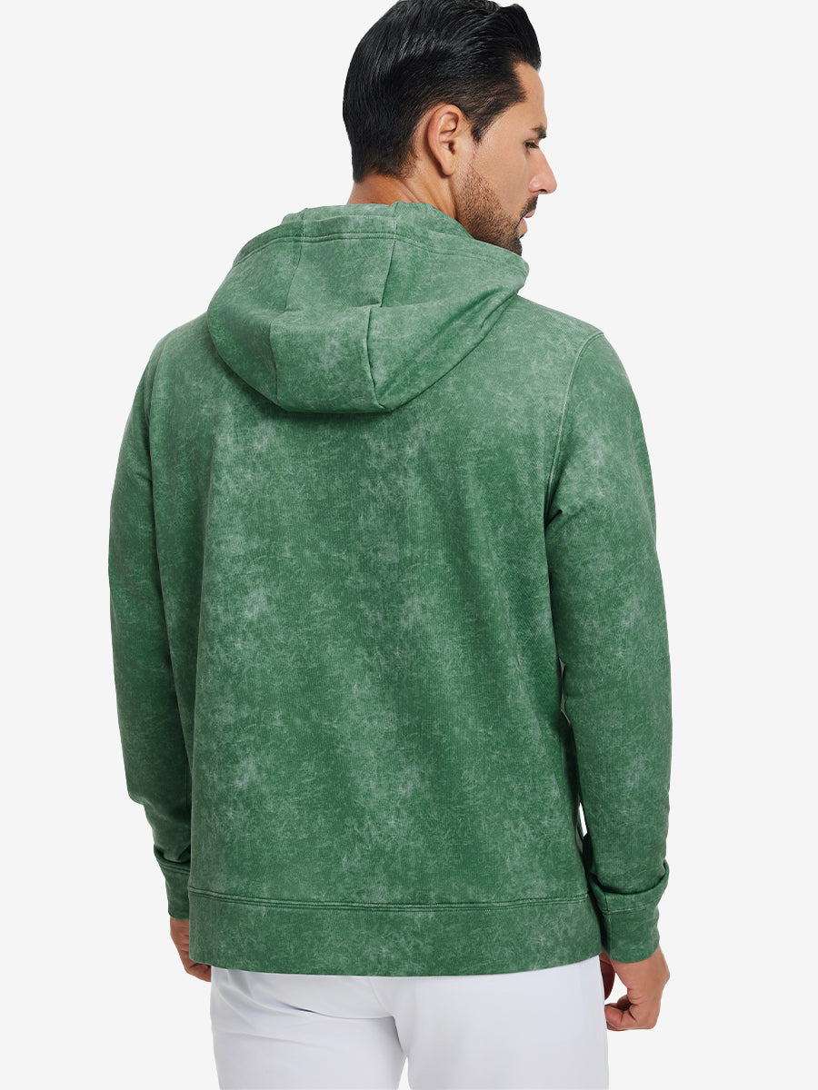 Back upper look of the exclusive print kangaroo hoodies in green, showing fit and shoulder line.