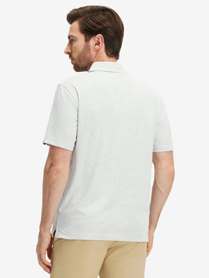 Back half-body view of a model wearing the grey white feather weight jacquard polo shirts, highlighting the rear fit