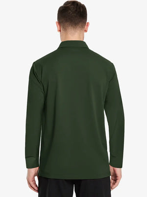 Back view of the olive green long sleeve pique polo, emphasizing its natural design and functional fit.