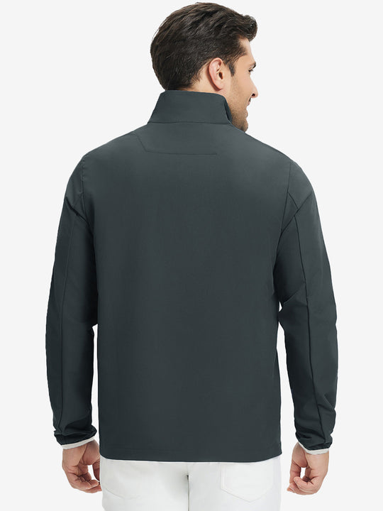 Back upper body view of the dark grey mock neck golf pullover, model turns head for relaxed pose.