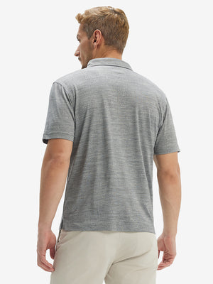 Back waist-up shot of model wearing light grey flower breathable jacquard pattern 3-button golf polo