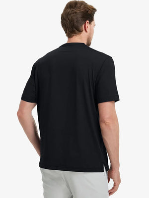 Back half-body view wearing Everyday Collarless Jersey Shirt in Black.