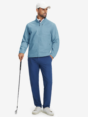 Lifestyle shots of winter thermal outdoor water resistant fleece jacket in misty blue, worn while holding golf clubs