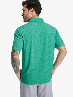 Back half-body view of model in GREEN WHISKEY GLASS Popular Heather Print Polo