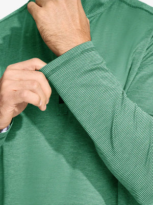 Close-up of cuff on Pinstripe Quarter Zip Pullover, showing stretch and construction – GREEN MELANGE