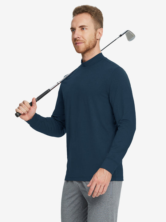 Model holding a golf club while wearing the Navy Long Sleeve Mock Turtleneck Shirt.