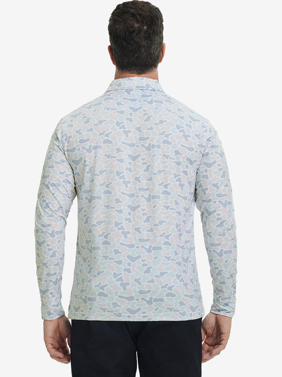 Back upper body view of the lightweight print polo in brown & gray camo, model turns slightly with relaxed pose.