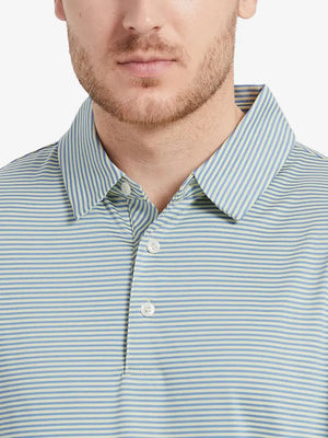 Front view from nose to chest: YELLOW STRIPE polo with sunny, energetic stripes for summer golf vibes
