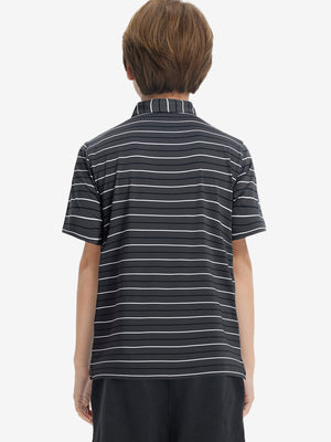 Back upper body of model in trendy boys stripe polo shirts, showing silhouette and dark grey stripe tone