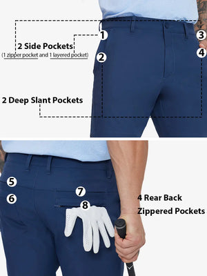 Detail view highlighting all 8 pockets front and back on BLUE INDIGO Water Resistant Versatile 8 Pockets Shorts.