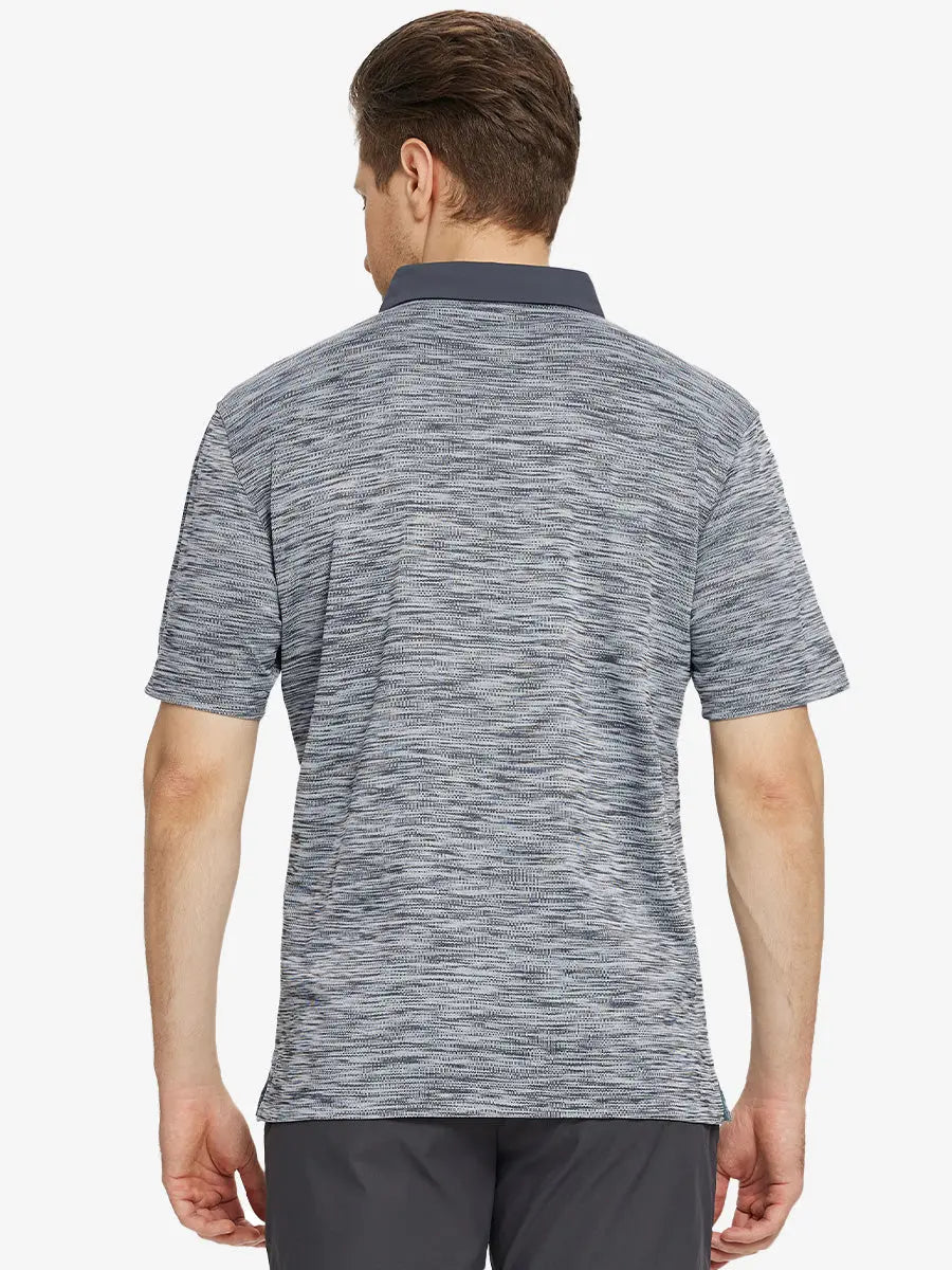 Rear half-body view highlighting fit of DARK GREYBLACK HEATHER Polo