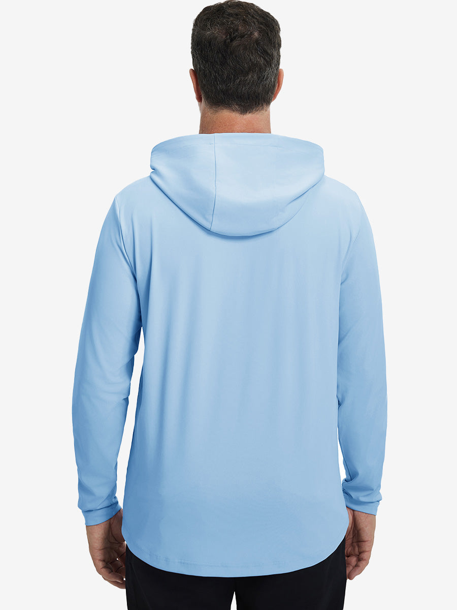 Back upper body view of the dry fit stretchy hoodie in light blue, simple cut and relaxed posture.