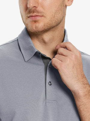 Model front close-up from nose to chest wearing LIGHT GREY Ventilated Pique Performance Polo