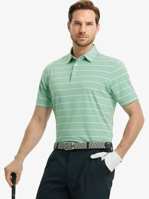 Model in LIGHT GREEN STRIPE Golf Polo holding club — dynamic front half-body pose