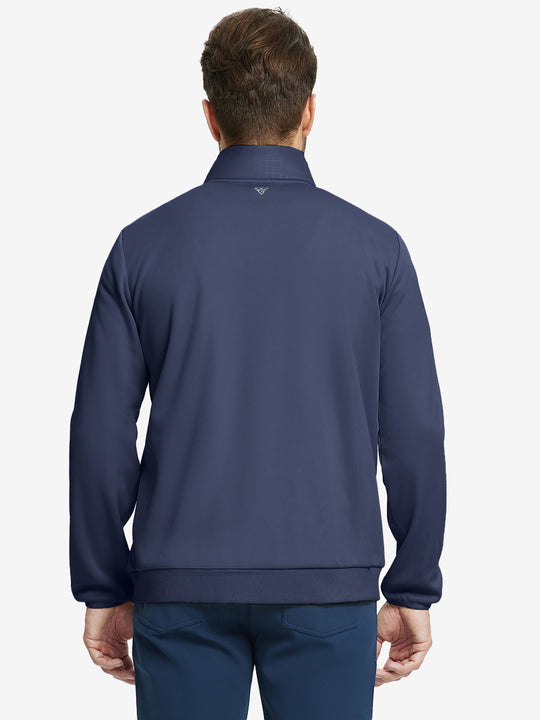 Back upper body view of the Golf Fleece Thermal Jacket in Navy, clean cut and warm look.