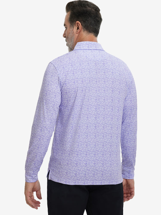 Back upper body view of the lightweight print polo in purple wine glass, model turns slightly with relaxed pose.