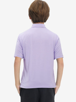 Back upper body of Kids stripe golf polos with clean lines and lavender white stripe tone