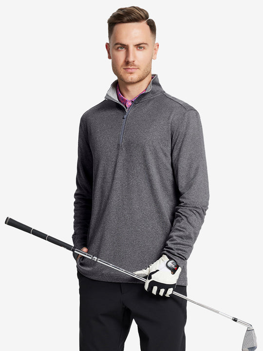 Back half-body view, model showcasing fit of BLACK MELANGE Moisture Wicking Quarter Zip Pullover.