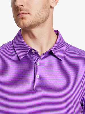 Close-up front view from nose to chest showing Cooling Stripe Golf Shirt in LILAC STRIPE, breathable fabric