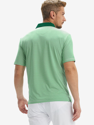 Back half-body of model in emerald stripe upgraded two-tone striped quick dry polo shirt