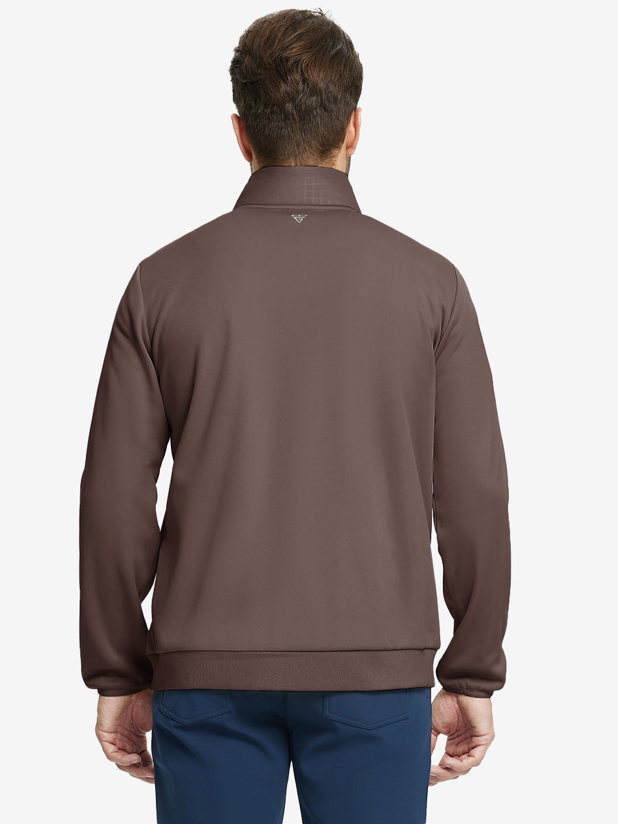 Back upper body view of the Golf Fleece Thermal Jacket in Dark Brown, clean cut and warm look.